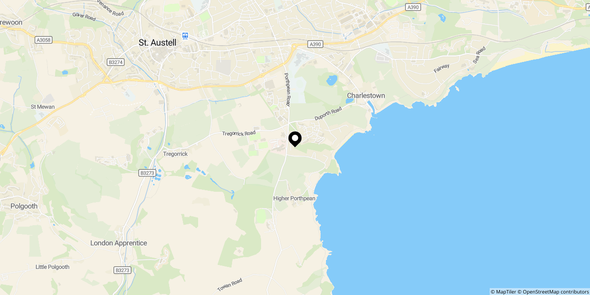 Approximate location of Woodland View, Duporth, St. Austell, PL26 6DR
