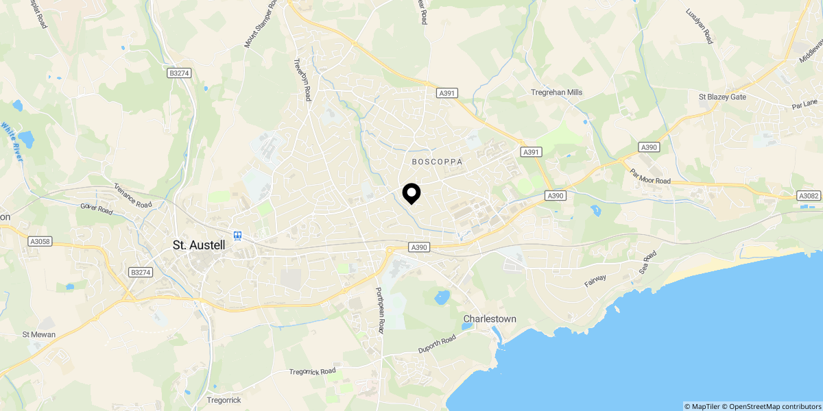 Approximate location of Worcester Road, St. Austell, PL25 3HZ
